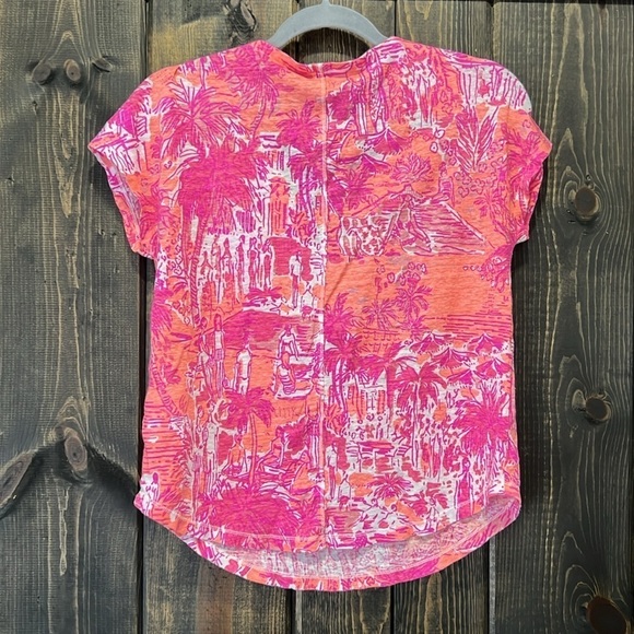 Lilly Pulitzer Linen Top S Cheeky Melon Rule Breakers Pocket Notch Split Neck - Picture 4 of 7